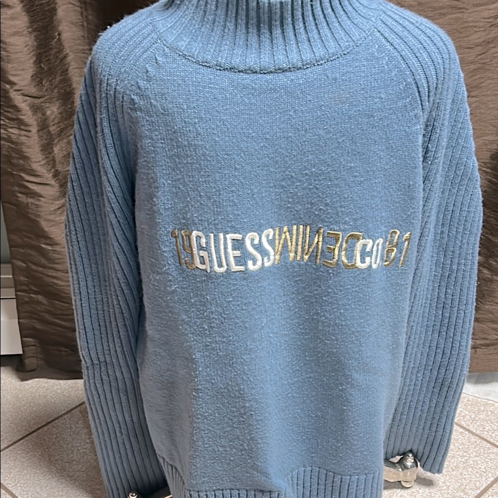 Guess Blue Turtleneck Sweater with Ribbed Detailing